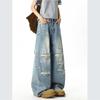 Retro blue ripped jeans men's summer thin washed old ripped pants American high street straight pants