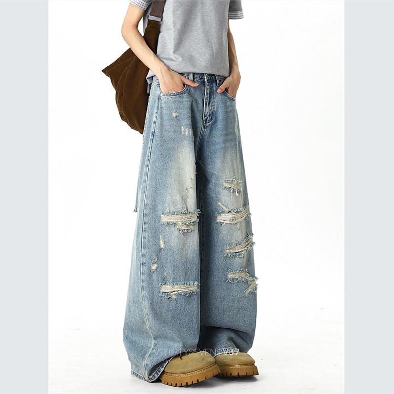 Retro blue ripped jeans men's summer thin washed old ripped pants American high street straight pants