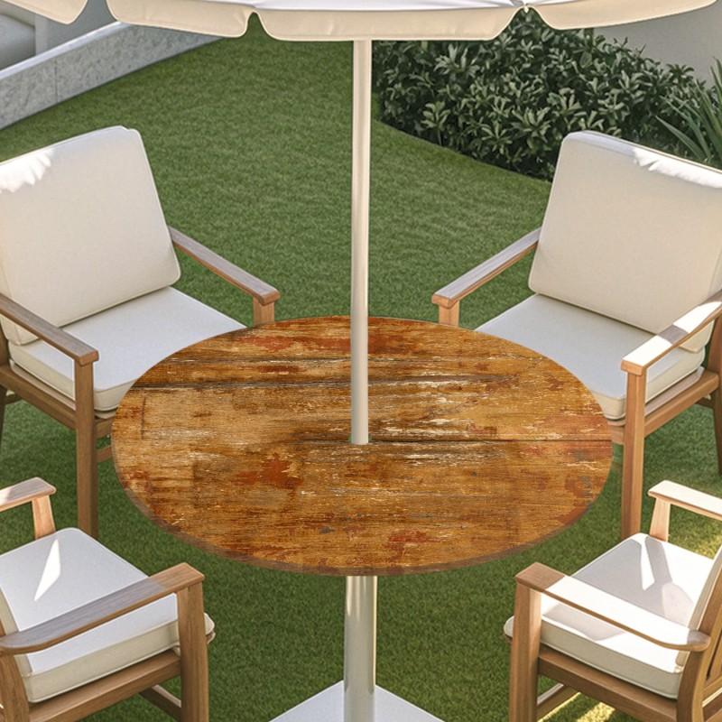 Copritavolo Rotondo da Esterno con Effetto Legno Impermeabile Orlo Elastico Per Patio Giardino Sala da Pranzo