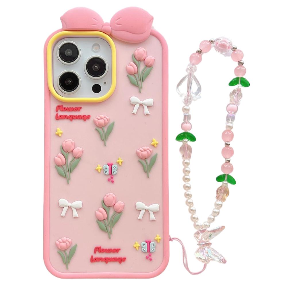 For iPhone 16 Pro Silicone Case Cute 3D Tulip Design Shockproof Phone Back Cover with Lanyard