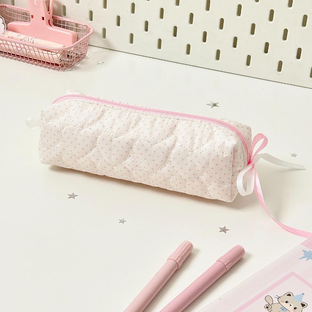 Polka Dot Print Pencil Case Pink White Pencil Bag Portable Pen Bag  Students