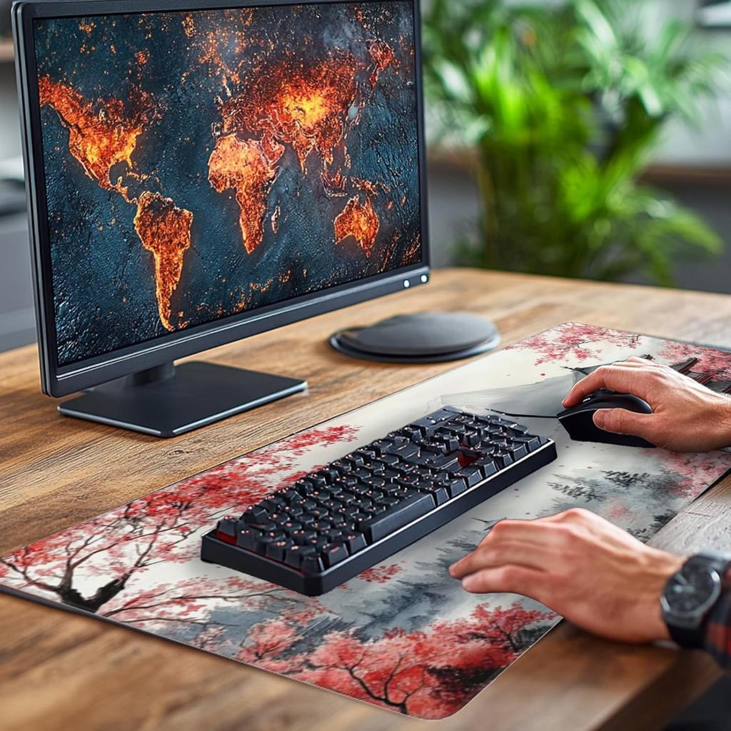 Japanese Cherry Blossoms Art Mouse Pad 31.5"x12" Large - Japanese Traditional Design Water-Resistant Surface Desk Mat with Non-Skid Base for