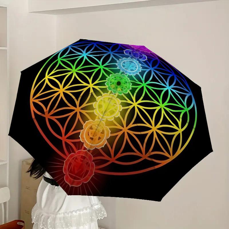 1pc Chakra Flower of Life Mandala Umbrella with Plastic Handle,Suitable for All Seasons Home Travel Outdoor UmbrellaDD210
