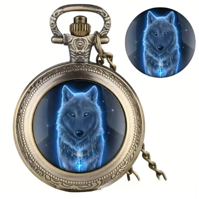 

Wolf Glass Quartz Pocket Watch Chain Arabic Numeral Dial Creative Gift for Men Women бронзовий