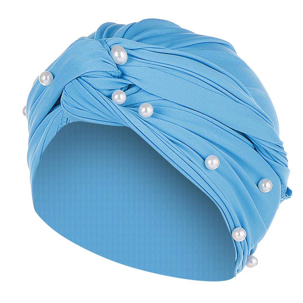 Women Pearl Beading India Hat Muslim Ruffle Chemo Turban Wrap Cap