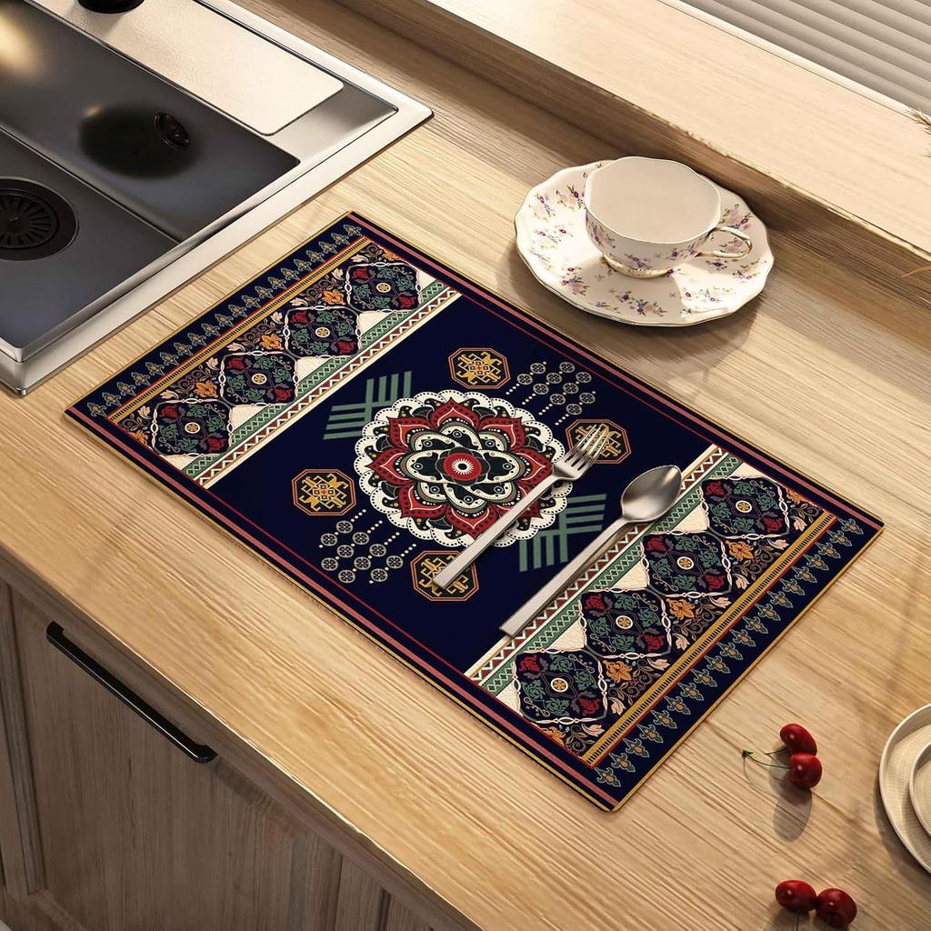 National Style Dish Drying Mat Absorbent Floral Coffee Rubber Backed Soft Silicone Bird Kitchen Draining for Bathroom Bar