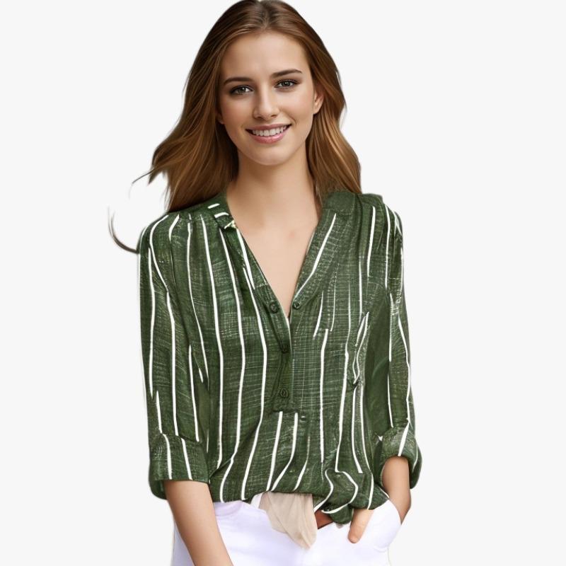 Semplice ed elegante camicia a righe stampata da donna a maniche lunghe taglie forti casual camicetta da donna vintage con bottoni e colletto rovesciato camicette da donna top 24661