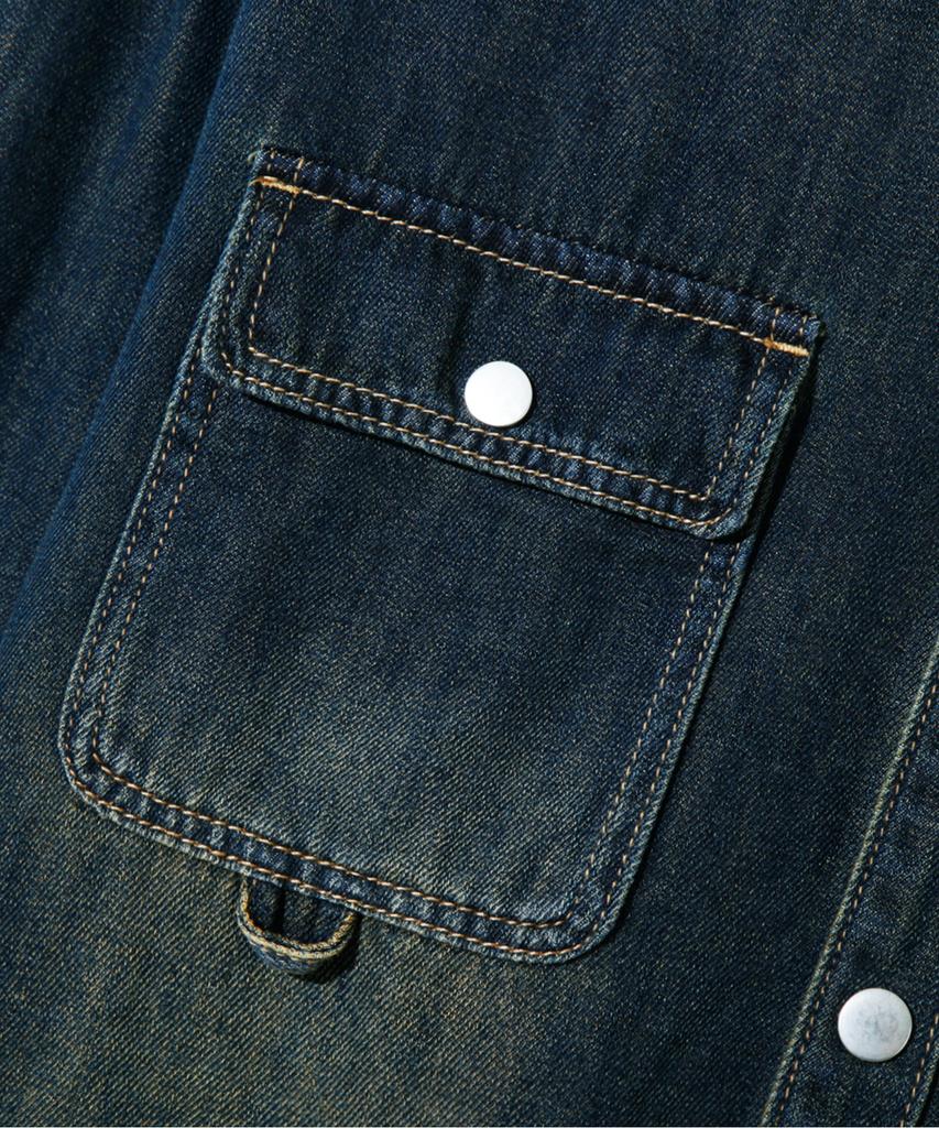 TRILLION Leather Patch Oversized Work Denim Long Sleeve Shirt_Vintage Blue
