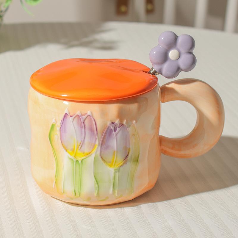 High Value Ins Style Tulip Cup for Girls Cute Ceramic Mug with Lid Spoon Couple Home Coffee Cup
