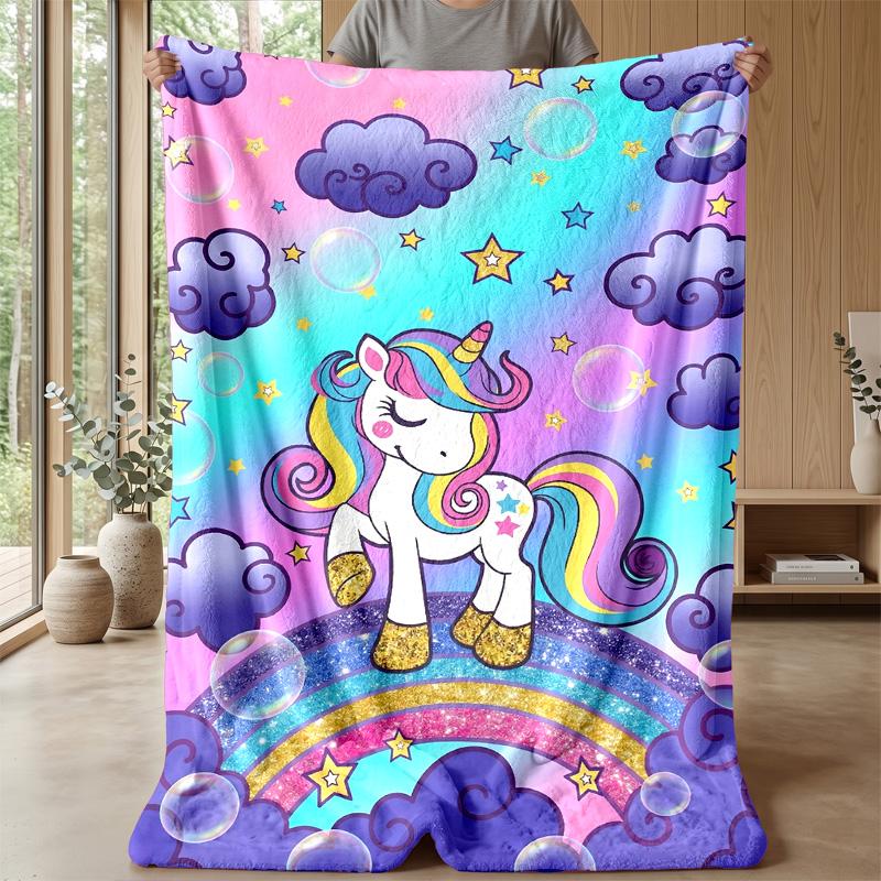 Fantasy Unicorn Rainbow Theme Blanket Lightweight Warm Flannel Blanket Decorative Throw Blanket for Home Decoration