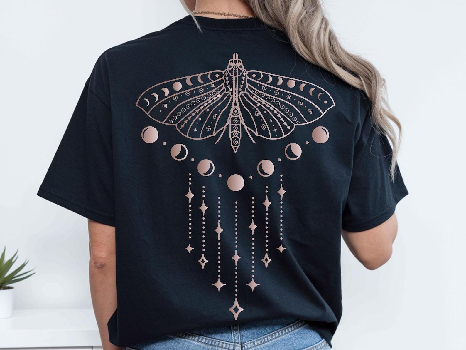 Moth Moon Phases Back Print T-Shirt, Celestial Boho Astronomy Tee M