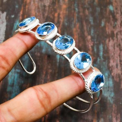 Swiss Blue Topaz, Gemstone Handmade Solid 925 Sterling Silver Jewelry Bangle For Women