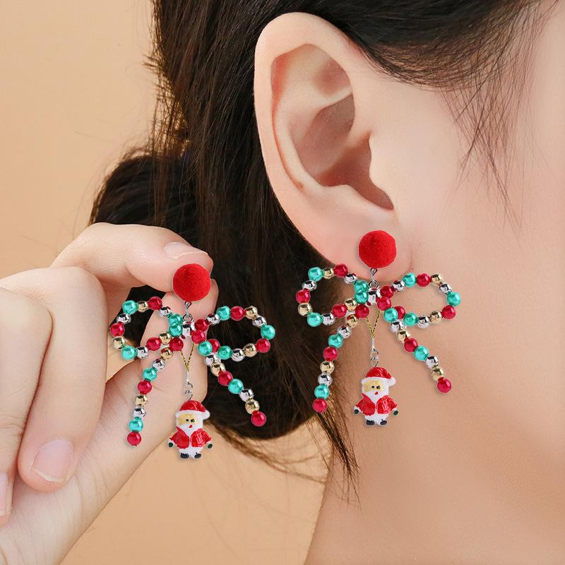 Fashion Colorful Beaded Bowknot Pom-pom Earrings Creative Santa Claus Pendant Christmas Earrings