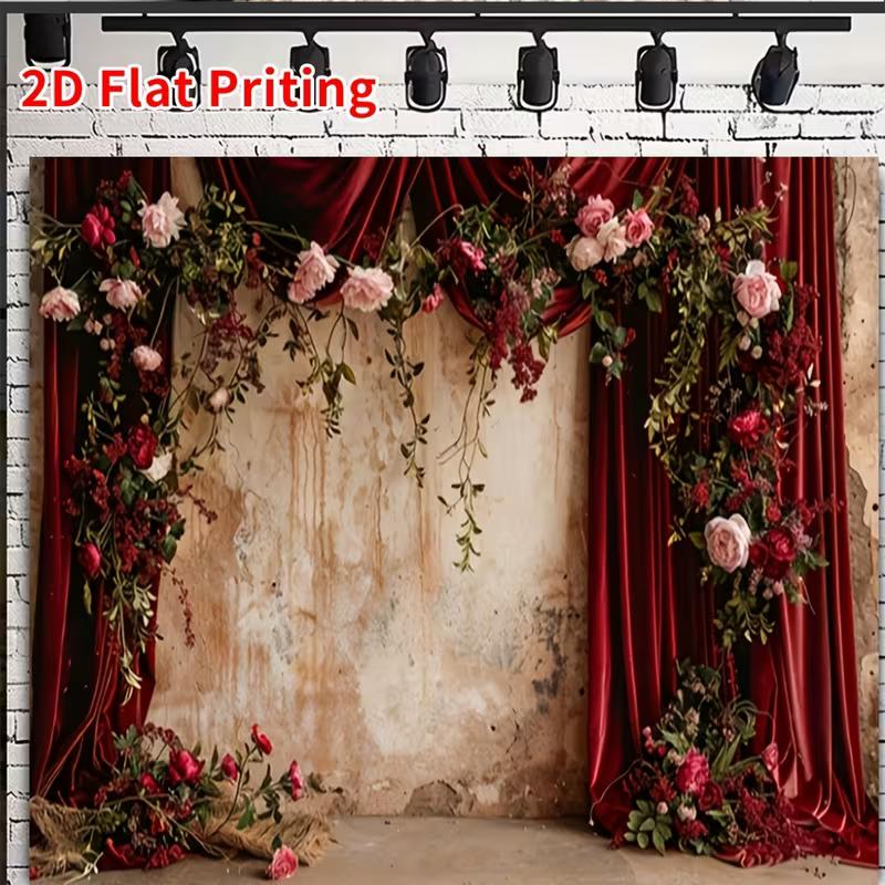 2D Rustic Boho Red Flower Curtain Bridal Shower Engagement Photography Backdrop Decor