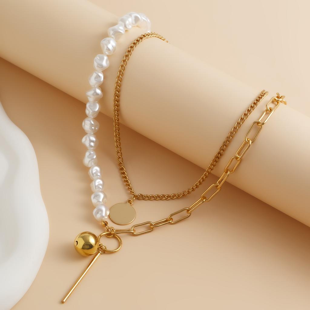 Simple Special-Shaped Imitation Pearl Multi-Layer Stacked Necklace, Personalized Metal Sequined Hanging Ball Necklace For Women