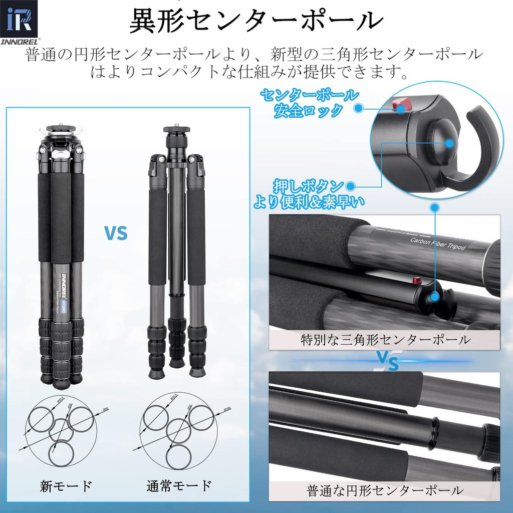 INNOREL Carbon Fiber Camera Tripod with Center 25kg Load Pipe Ideal for Travel and Sports Events Pole, Capacity, 10-170cm Height, 32/28/25/21cm