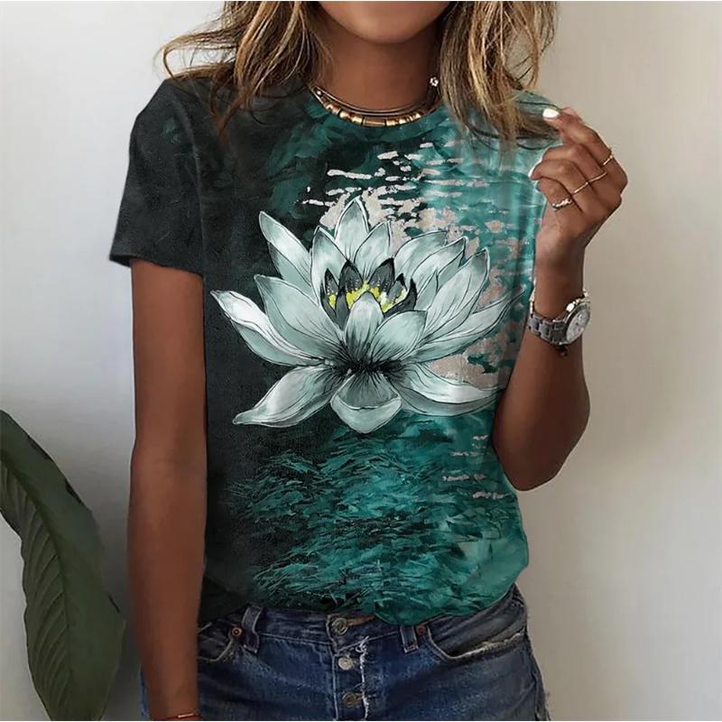 

New Ladies T-shirt Summer Floral Fashion Short Sleeve Premium O Neck Casual Oversized Top 3D Print Female Tees XS