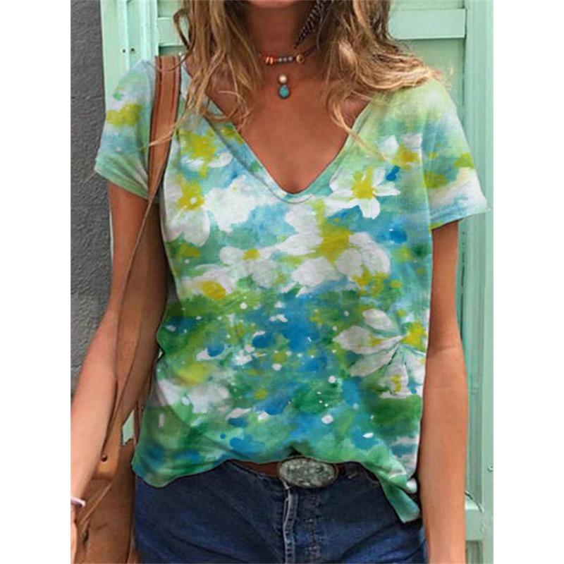 Summer V-neck 3D Cat Flower Colorful Printed Top Fashionable Casual Short Sleeved Women's T-shirts