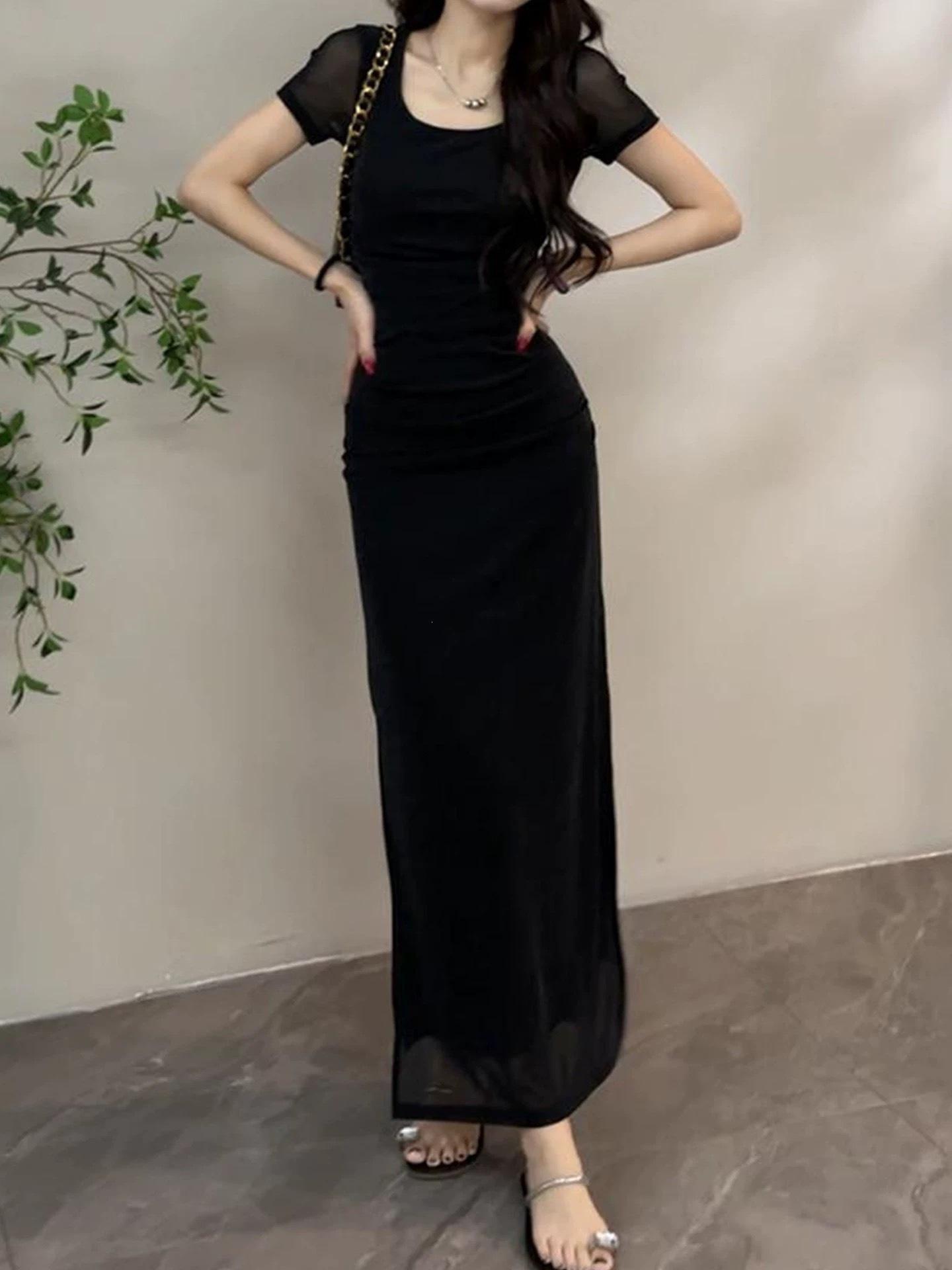 2026 Summer Maternity Mesh Short-Sleeve Sexy Slim Dress 2XL чёрный