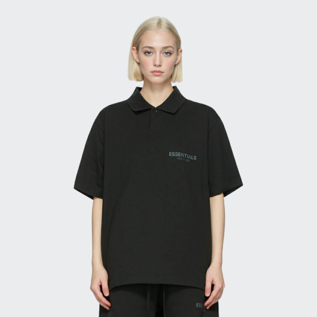 Fear of God Essentials SS20 Reflective Logo Solid Short Sleeve Polo Shirt Unisex Tops Black FOG-SS20-415