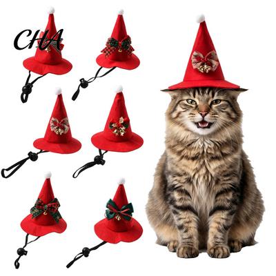 Adjustable Cat Headwear Christmas Hat, Red Pointed Hat with Bell And Bow, Teddy Dog Holiday Felt Pet for Small Dogs, Cats, Festive Party Accessories