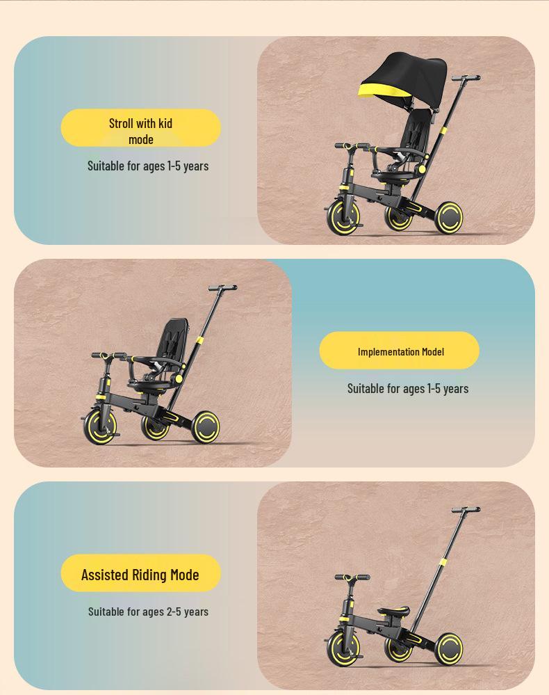 Portable Folding Tricycle with Canopy & Storage for Ages 1-6 - Multi-Form Baby Stroller Bike