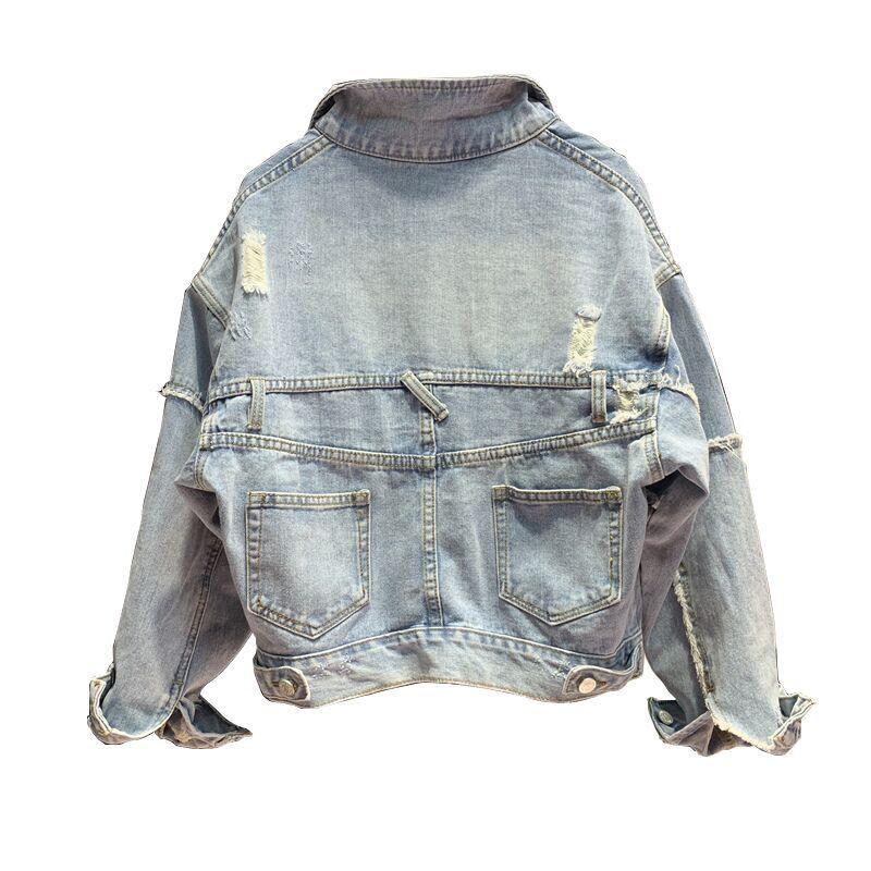 Womens Loose Fit Denim Jacket Vintage Style Pockets Frayed Edges Slimming Casual