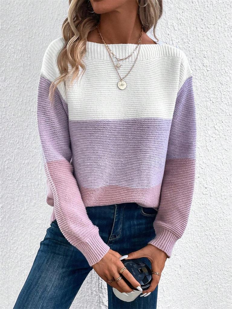 Color Block Knitted Sweater – Women's Cozy Loose Fit, Autumn & Winter Style