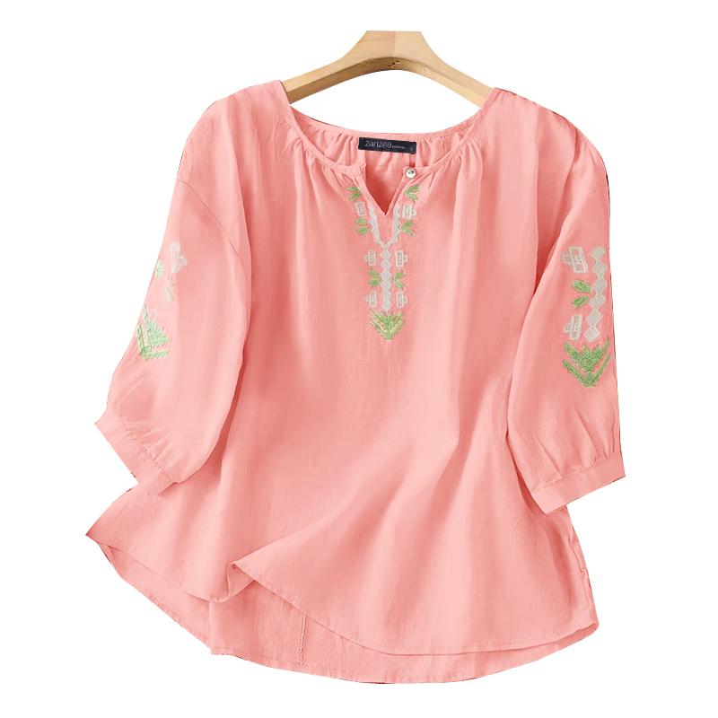 

ZANZEA Женская повседневная блузка с цветочной вышивкой, рукав 3/4, свободного кроя L розовый