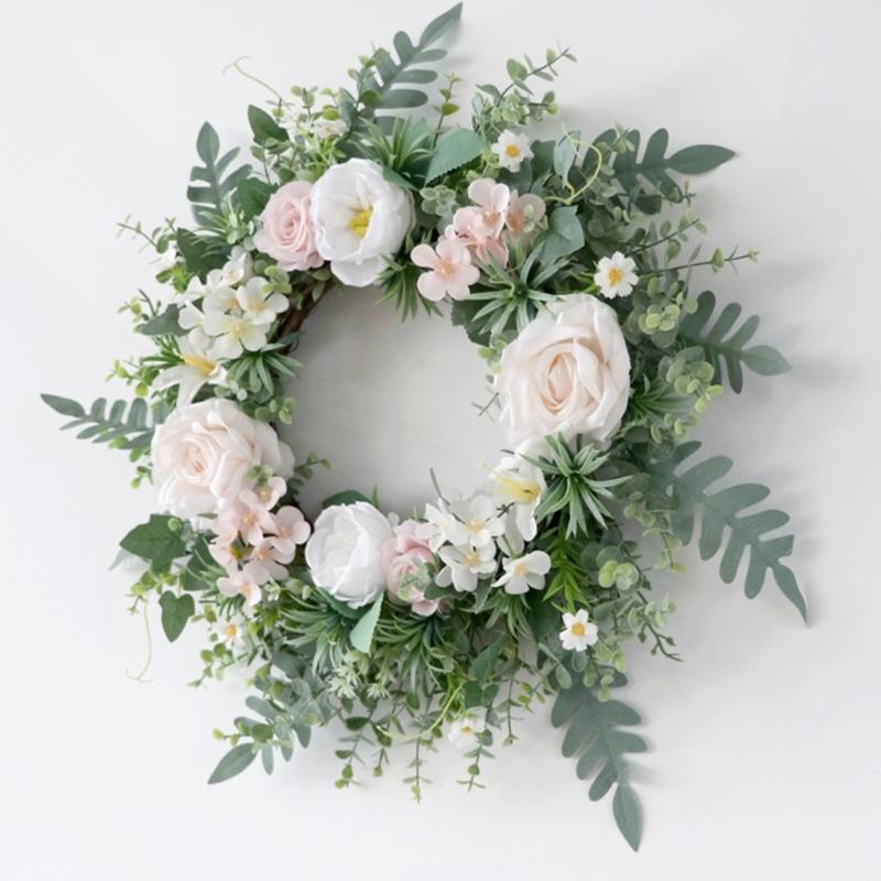 Artificial Rose Flower Wreath 19.69" Spring Wreath for Outdoor Front Door Indoor Weddings Window or Wall Décors Gifts