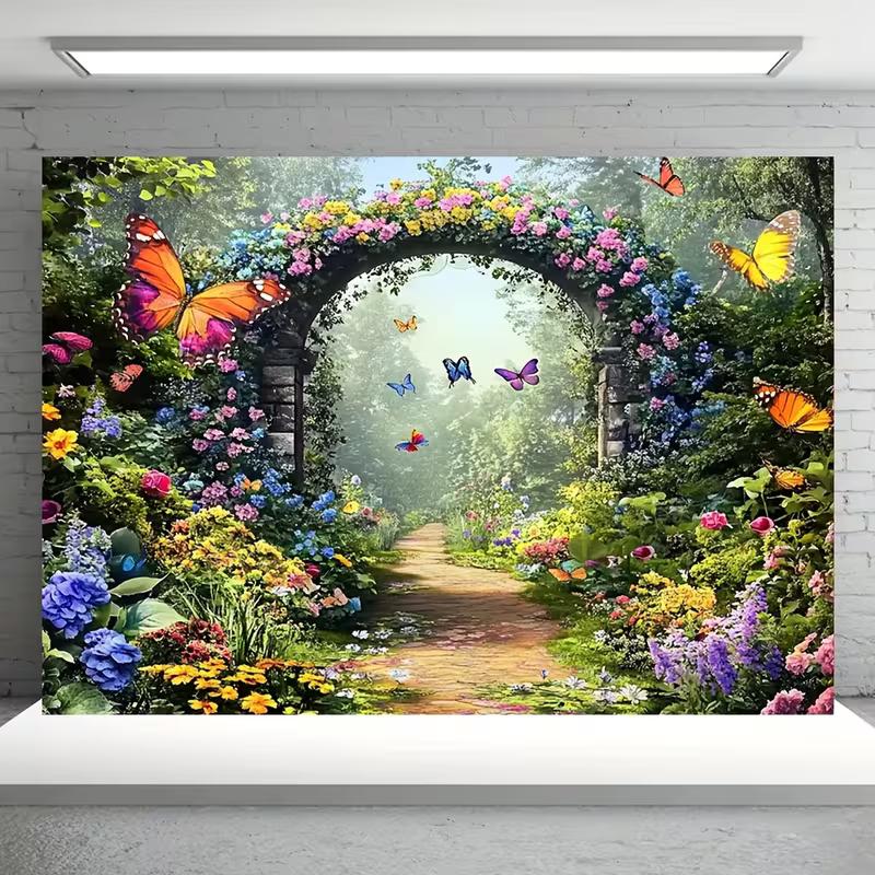 2D Enchanted Garden Butterfly Backdrop, Floral Arch Design for Birthday & Wedding