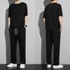 2Pcs/Set Men Summer Casual Outfit O-neck Short Sleeve T-shirt Elastic Drawstring Waist Wide Leg Long Pants Set Solid Color Casual Outfit