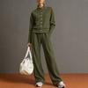 Women Stand Collar Button Front Track Suit Set Long Sleeve Top Wide Leg Pants Two Piece Outfit