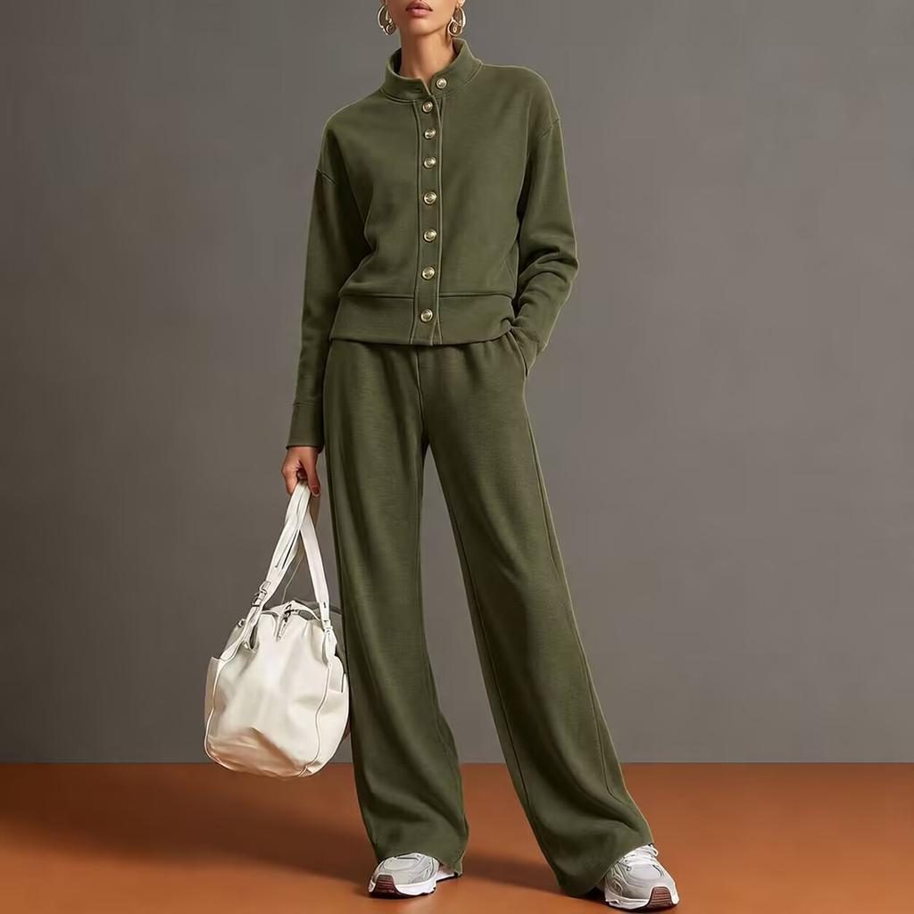 Women Stand Collar Button Front Track Suit Set Long Sleeve Top Wide Leg Pants Two Piece Outfit