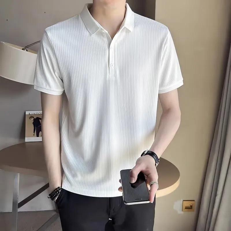 

Men Black Rib Knit Short Sleeve Polo Shirt Slim Fit Breathable Ice Silk Business Casual Top L