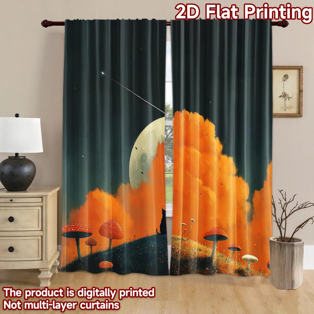 2D flat printing 2pcs Window Curtains Black cats moon mushrooms Digital Printed Polyester Drapes Birthday Party for living room