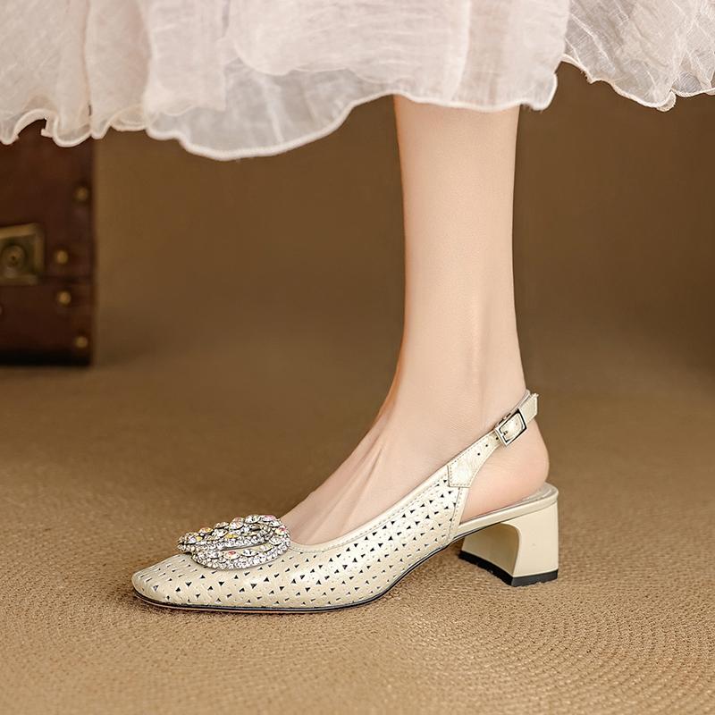 Fashion Women's new summer breathable hole leather cowhide rhinestone accessories with loose grip high heels and toe caps sandals