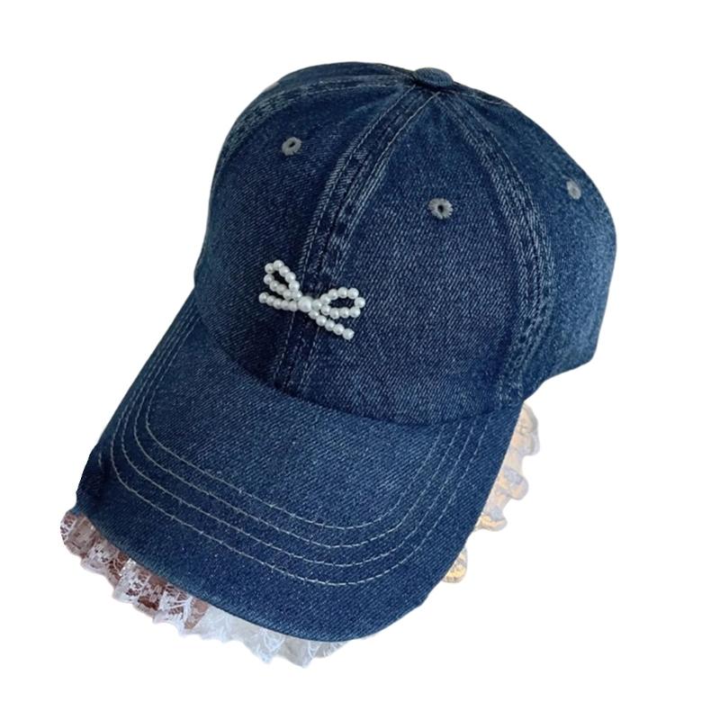 Stylish Women Fabric Baseball Hat with 3D Pearls Bowknot and Lace Trim for Outdoor Sports Activity Breathable Headwear