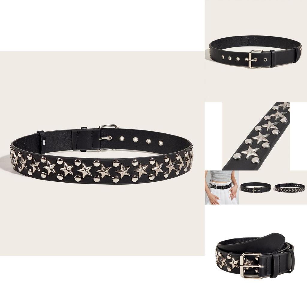 New Star Studded Fashionable Punk Style Wide Belt For Women's Jeans Faux Leather Material