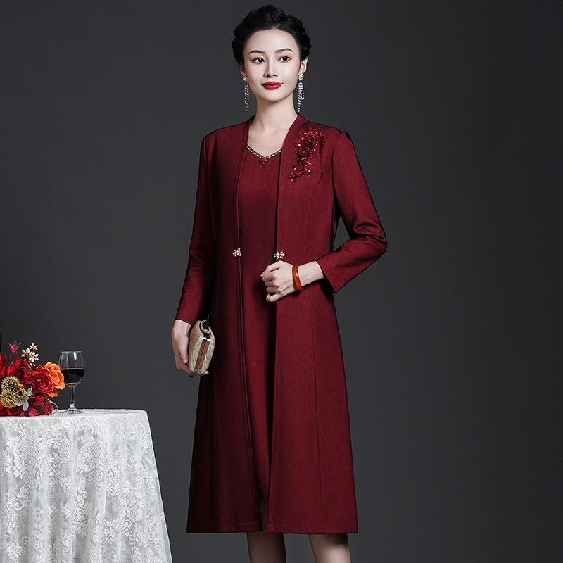 2022 Autumn/Winter Wine Red Women's Plus-Size Fleece Two-Piece Set for Middle-Aged & Elderly (Long Sleeve Jacket)