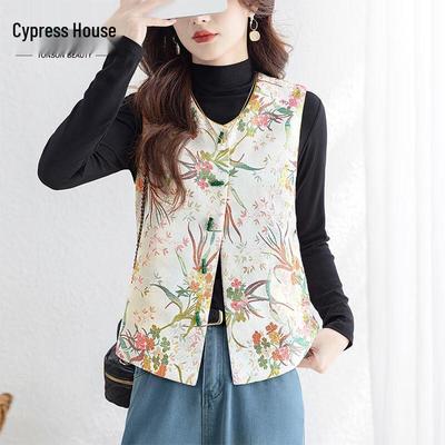 Vesta Largă Retro cu Jacard Floral Stil Chinezesc Nou pentru Femei