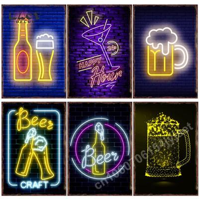 Vintage Neon Bier Bar Metall Blechschild Perfekt für Café Club Pub Restaurant Heimdeko Wanddeko Festival Geburtstagsfeier Raum