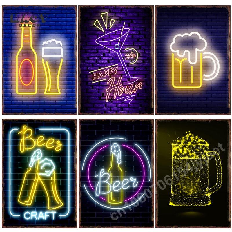 Vintage Neon Beer Bar Metal Tin Sign  Perfect for Cafe Club Pub Restaurant Home Decor Wall Decor Festival Birthday Party Room