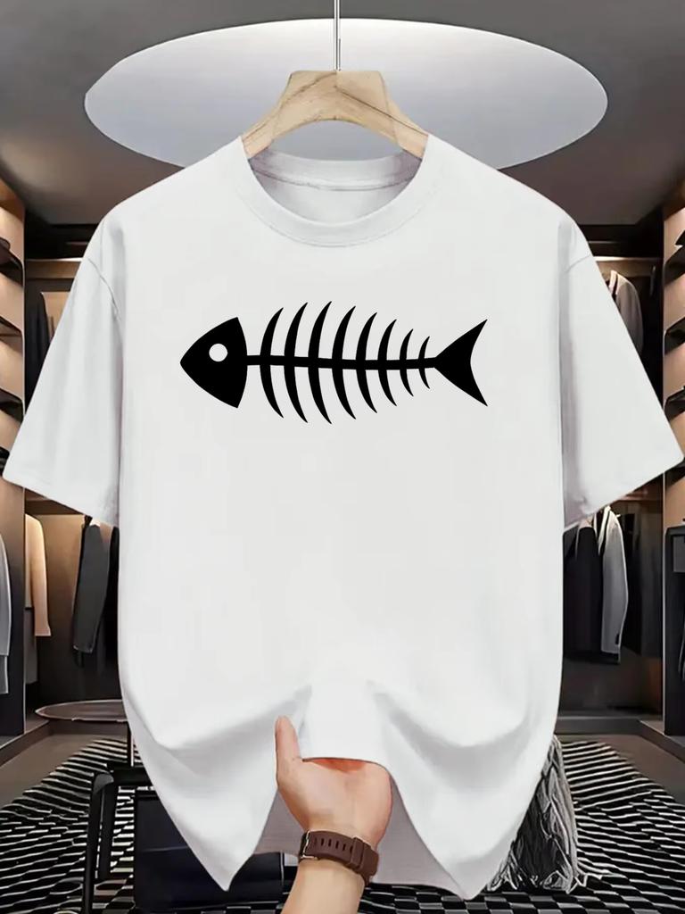 Minimalistisches Fischgräten-Grafik-T-Shirt Unisex Unisex Einfacher Fischskelett-Umrissdruck Kurzarm Weiche Baumwolle Tägliche Lässige Oberteile