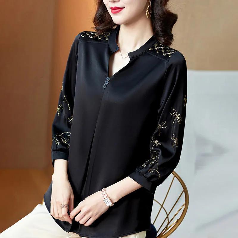 Spring Autumn Solid Colour Plus Size Women's Short Thin Section V Collar Seven Minute Sleeve Chiffon Shirt