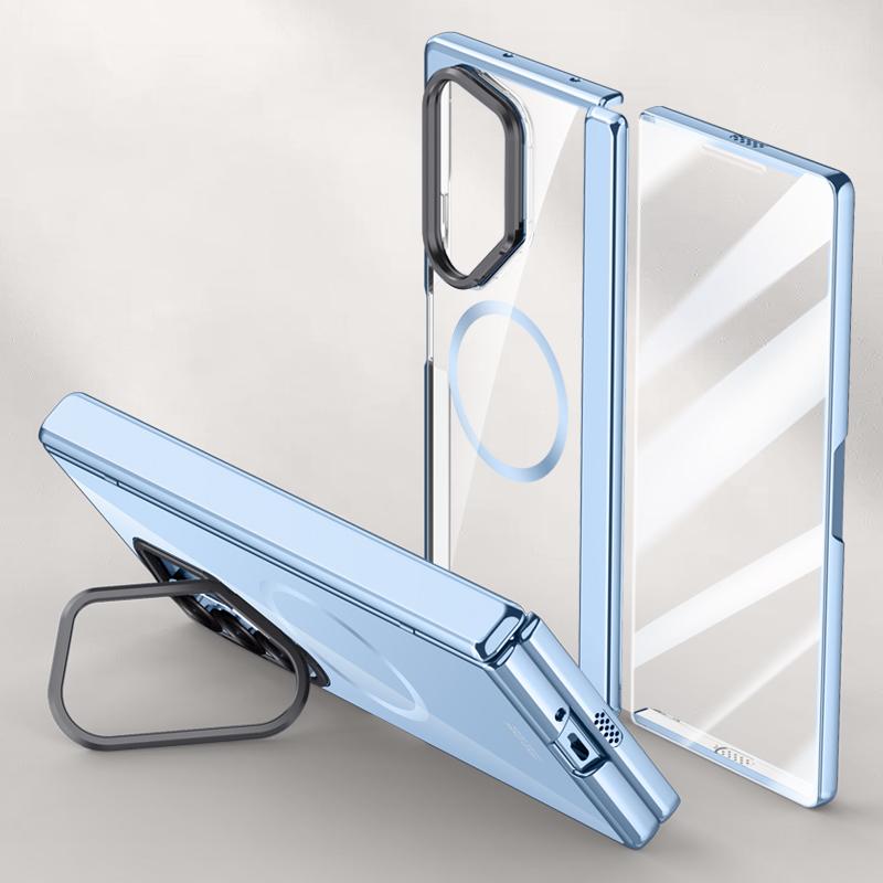

For Samsung Galaxy Z Fold6 5G Clear Case PC+Acrylic Kickstand Magnetic Phone Cover with Screen Film Blue