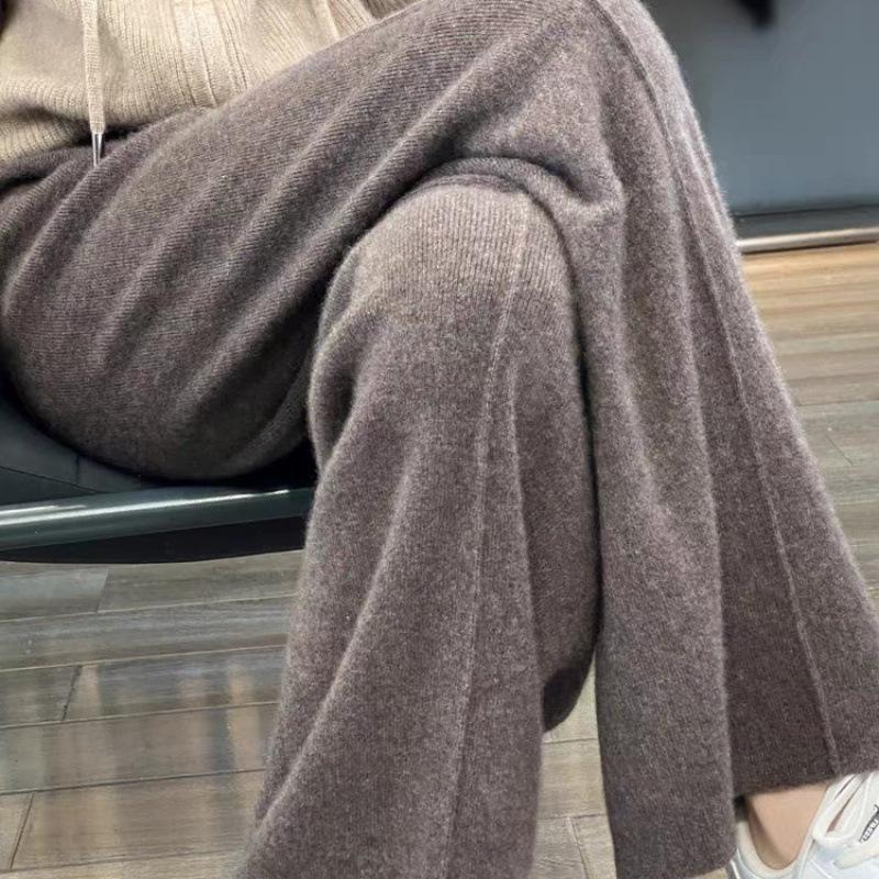 Women Knitted Wide Leg Pants Autumn Winter Basic Soft Warm Cashmere Knit Trousers Casual Simple Style Korean