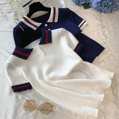 Camisa Polo de Verão Tricotada para Senhoras Listras Brancas Mulheres Doce Manga Curta Camiseta Básica Roupas Femininas Moda Nova