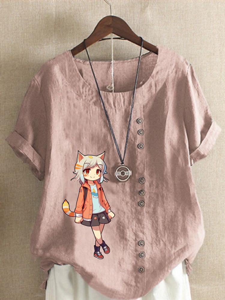 Women's Fashion Cute Girl Print Shot Sleeve T-shirt Loose Cotton Shirt Casual Loose Summer Blouse Tops Plus Size
