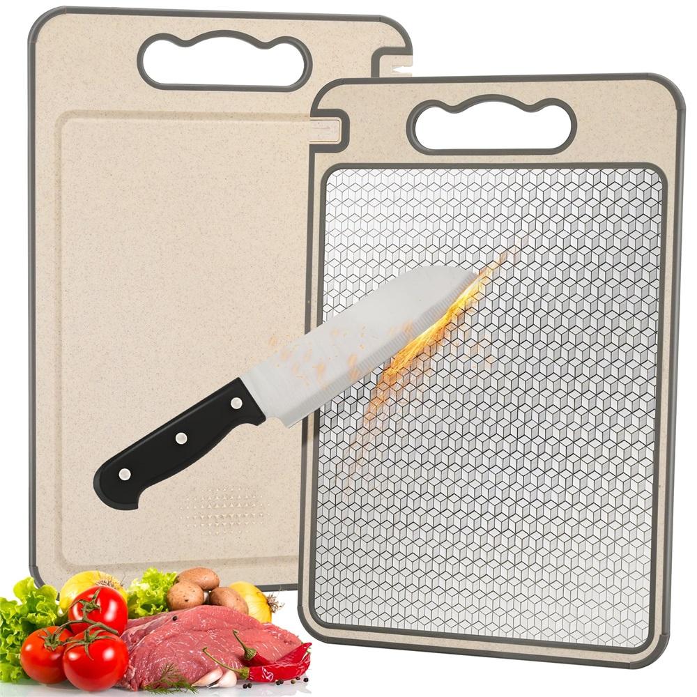 304 food-grade stainless steel cutting board with double-sided anti-slip and scratch-resistant mesh design.